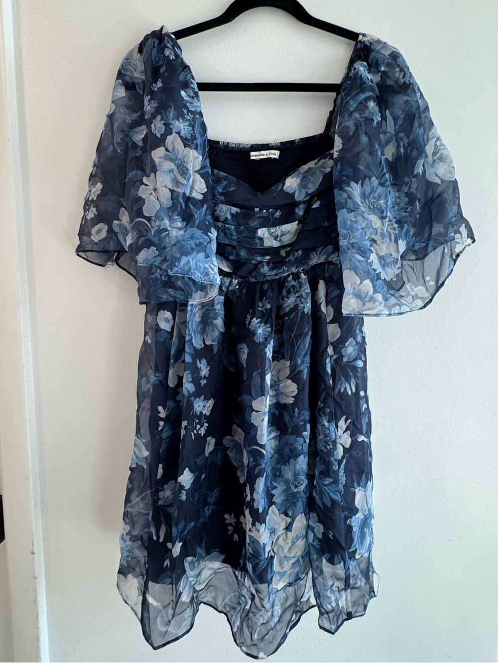 Abercrombie & Fitch Blue Floral Organza Puff Sleeve Mini Dress Smocked Back